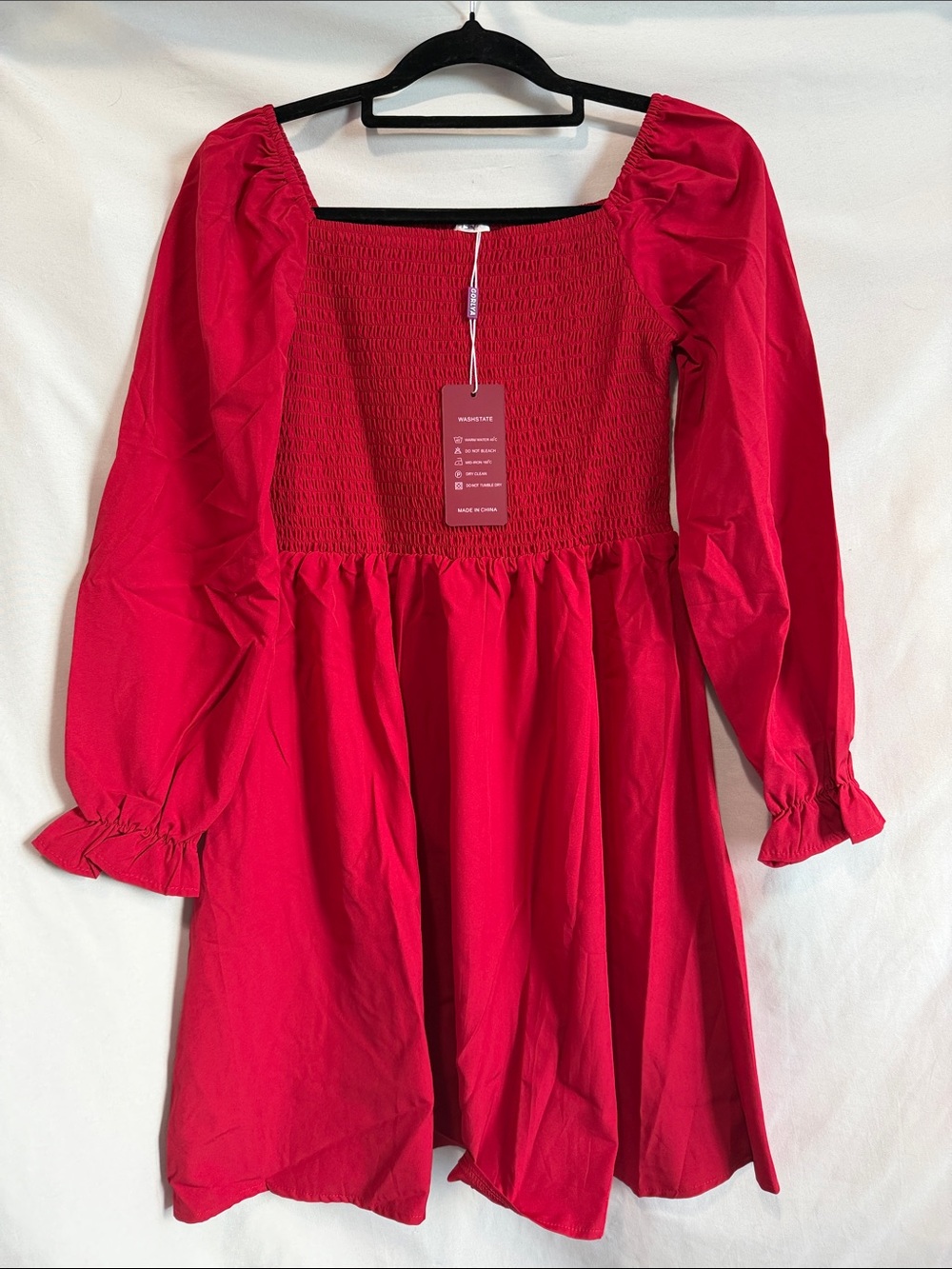 Girls' Red Smocked Bodice Dress with Puff Sleeves